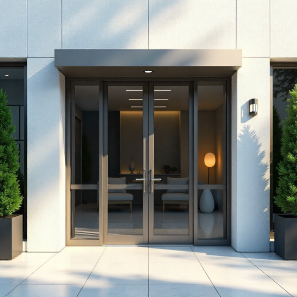 Automatic swing door opener installed at commercial entrance in hot climate