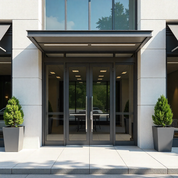 Automatic swing door opener hardware displayed on neutral background