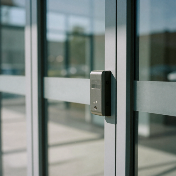 Automatic swing door opener exposed to direct sunlight at building entrance