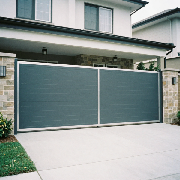 Sliding gate automation installed on driveway with ground track and motor visible