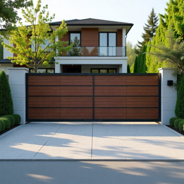 Cantilever gate automation supported by side-mounted rollers and posts