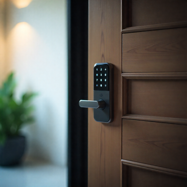 Smart lock protecting front door of modern home