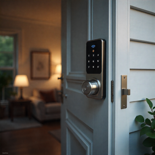 Smart lock installed on modern front door with wireless security protection