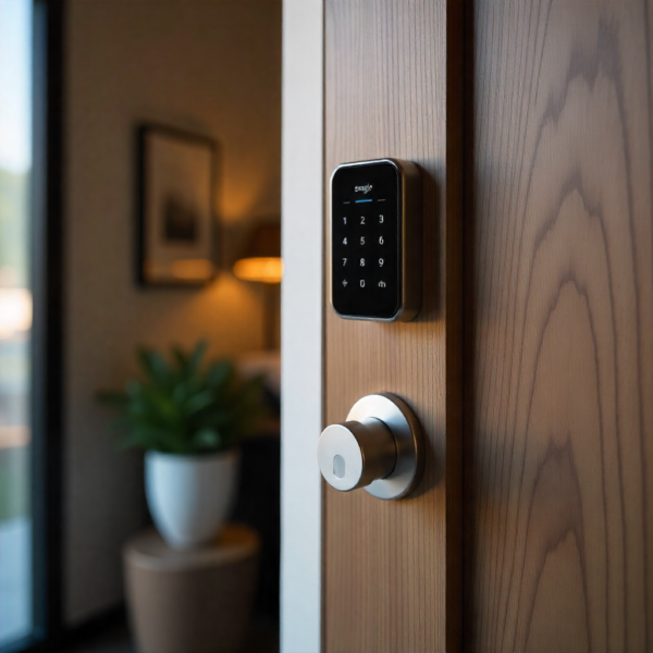 Smart lock mounted securely on solid door frame