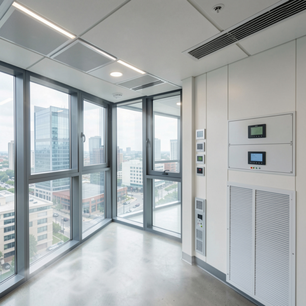 High-rise building stairwell protected by smart window control systems for smoke extraction.
