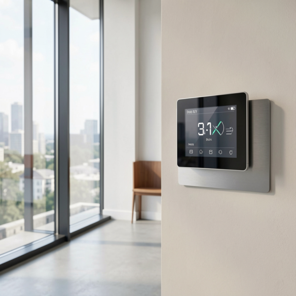 Modern building interior featuring smart window control systems for ventilation.