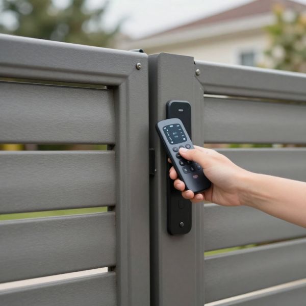 Technician testing swing gate automation for range and connectivity issues