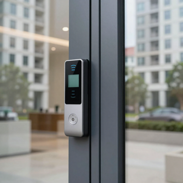 Smart access control system integrated into a secure door at a multi-tenant property.
