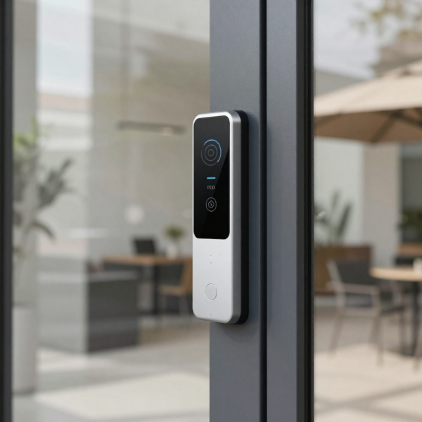 Access control system installed at the main entrance of a mixed-use apartment and office building.