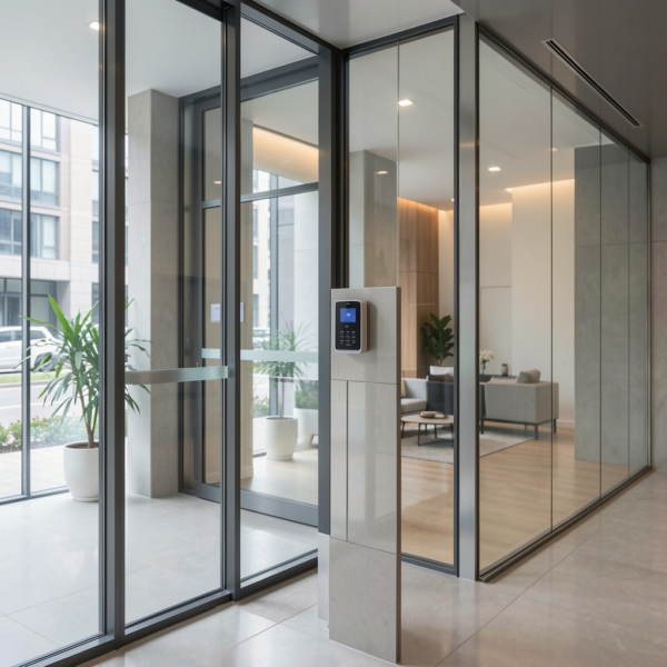Electronic access control system managing entry to a multi-tenant residential and office property.