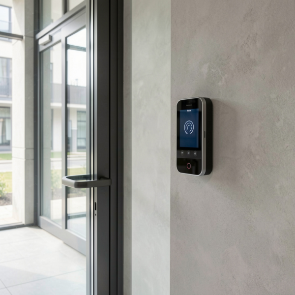 Secure building entrance protected by a modern access control system and RFID card reader.