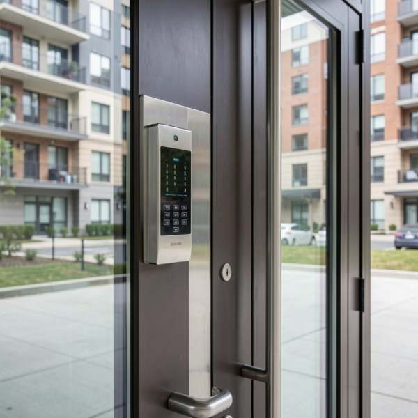 Access control system installed in office building lobby