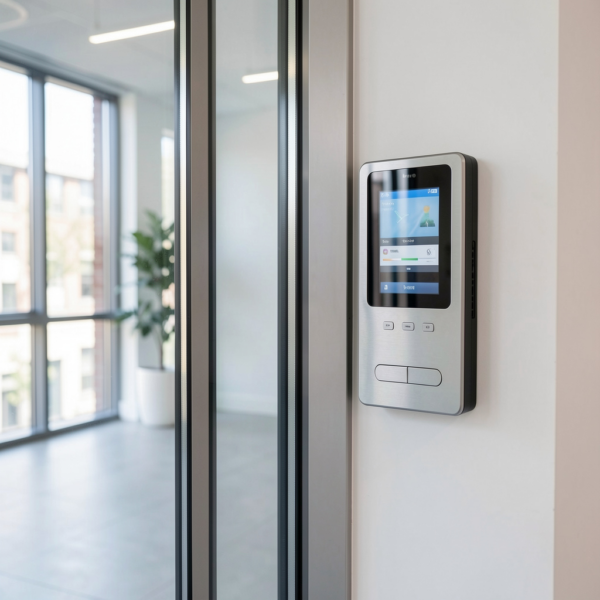 Access control system with electronic keycard reader installed on a glass door at an office and apartment building.