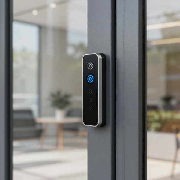 Modern access control system using keycard authentication at a secure multi-tenant building entrance.