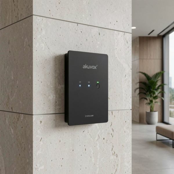 Akuvox 2-Wire IP Intercom Kit installed in a building control room with structured cabling