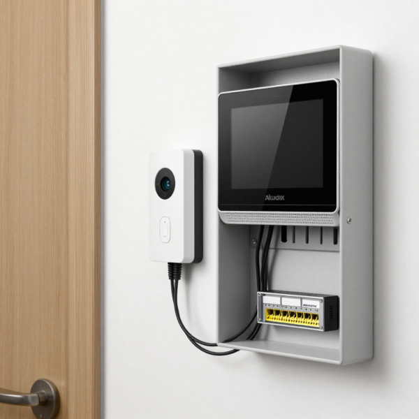 Akuvox 2-Wire IP Intercom Kit connected through two-wire cabling in a retrofit building