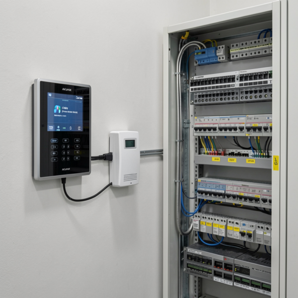 Akuvox 2-Wire IP Intercom Kit installed in an apartment building with central distributor and indoor monitors