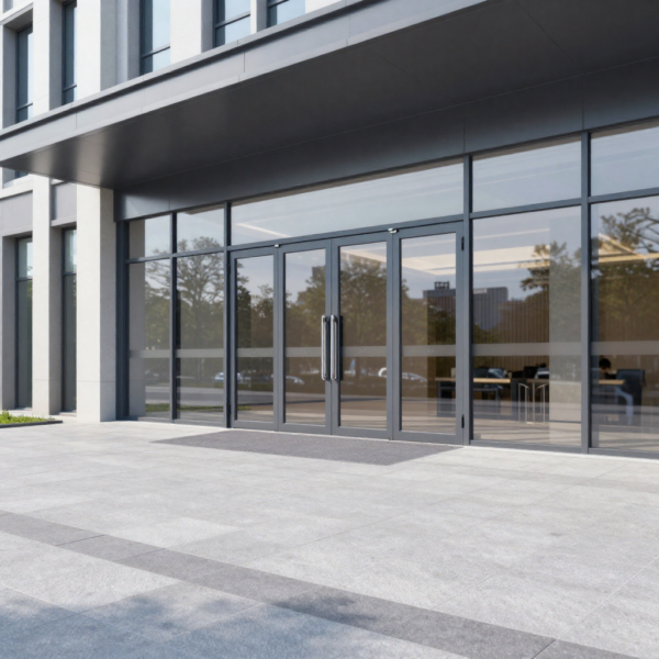Automatic Swing Door Opener system mounted above a door frame