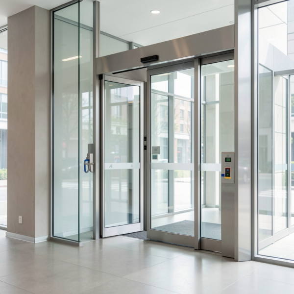 Automatic Swing Door Opener providing hands-free access at a building entry