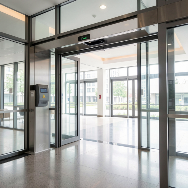 Automatic Swing Door Opener operating a hinged door in a modern facility