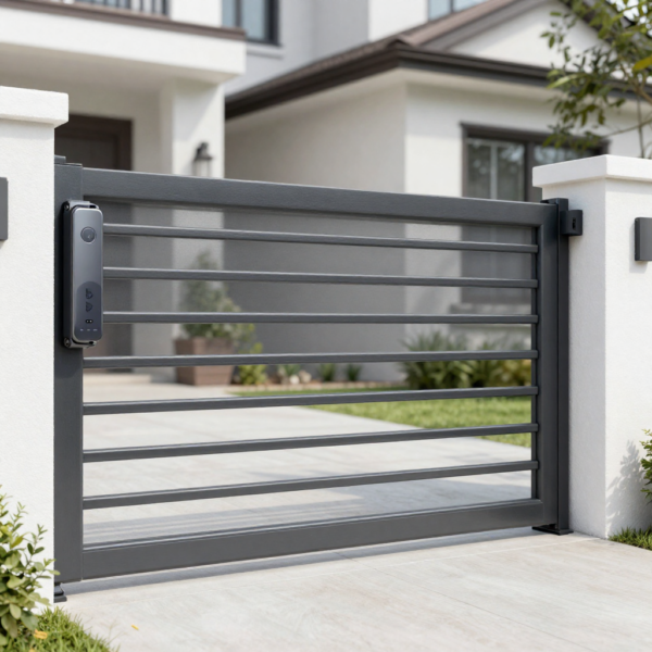 Sliding gate system at residential driveway entrance