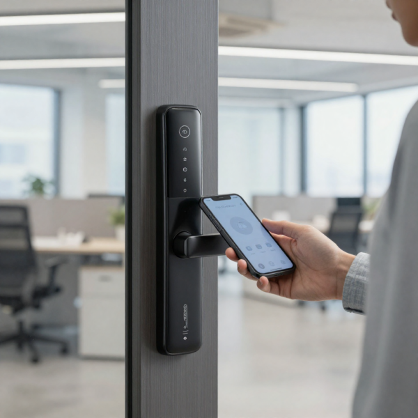 Smart lock on an apartment door in a co-living building