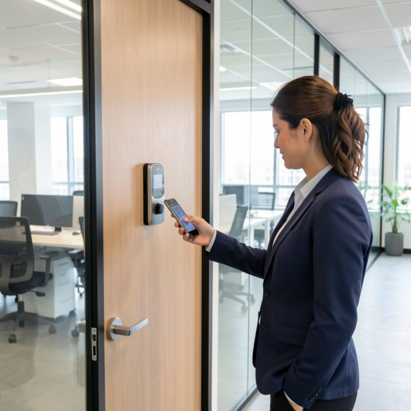 Smart lock used for secure entry at a co-working office space.