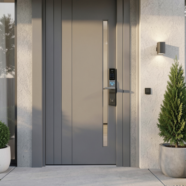 Smart lock installed on residential front door
