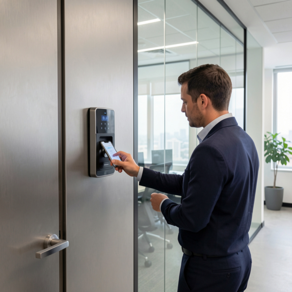 Smart lock installed on an office door in a shared workspace environment