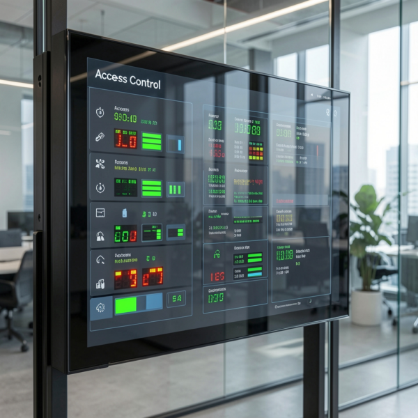 Access control systems installed in modern office building for security.