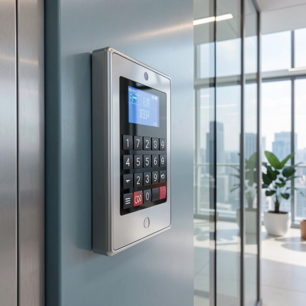 Access Control Systems managing entry for residents, office workers, and visitors in a modern mixed-use development building.