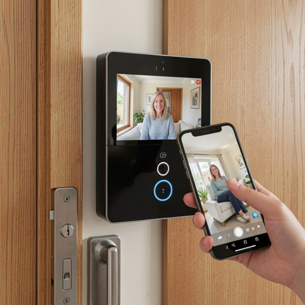 Visitor using IP intercom systems touchscreen at apartment entrance