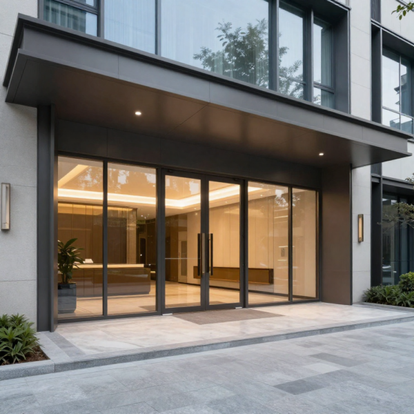 Video intercom system installed at modern apartment entrance with camera and speaker.