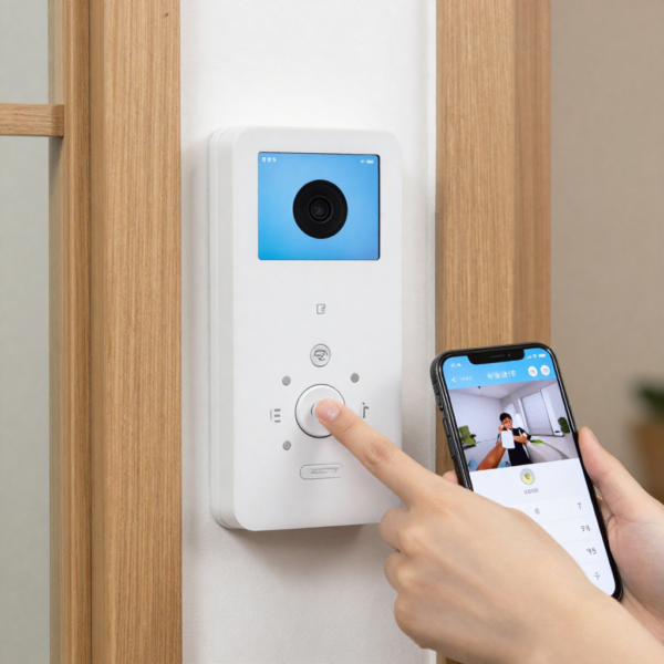 IP intercom systems installed at modern building entrance for secure access