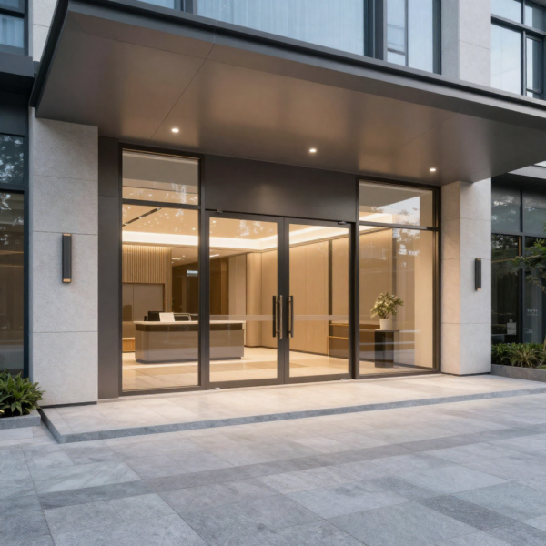 Modern video intercom system installed at residential building entrance.