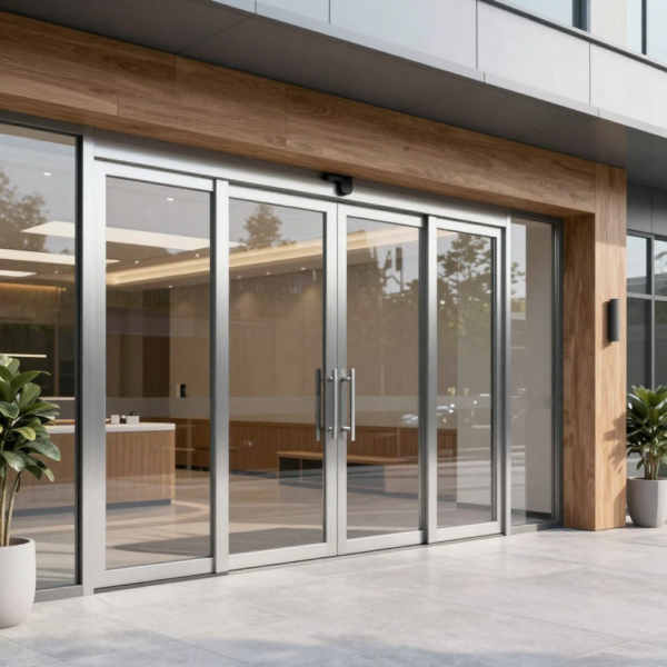 Automatic sliding door integrated with smart building access system.