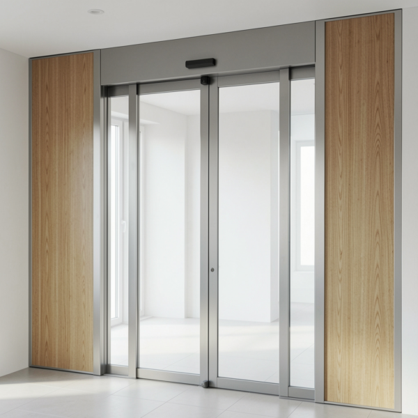 Automatic sliding glass door with transparent panels and smooth operation.