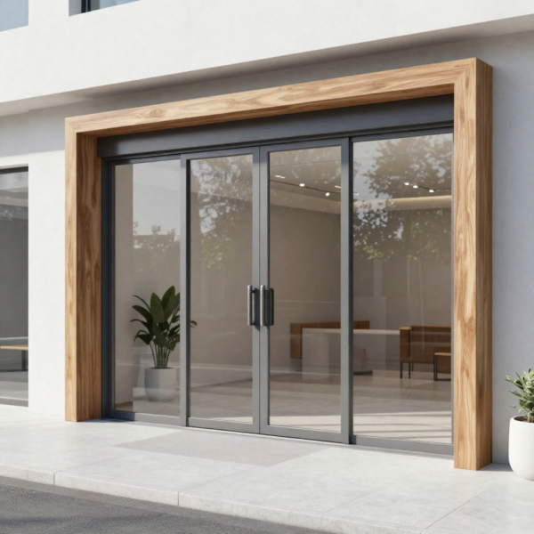 Automatic sliding door installed at modern commercial building entrance.