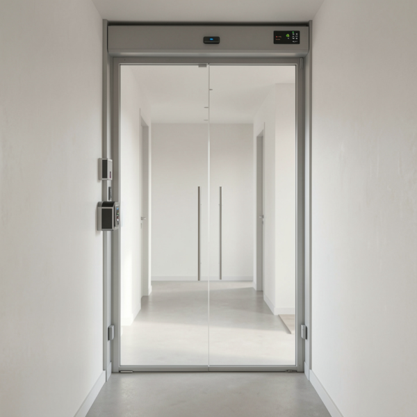 Automatic swing door opener installed in modern building corridor.