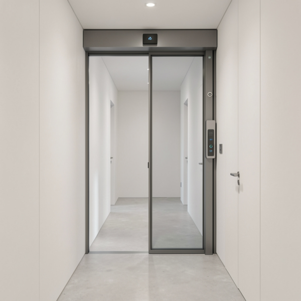 Smart automatic swing door system with motorized hinge mechanism.