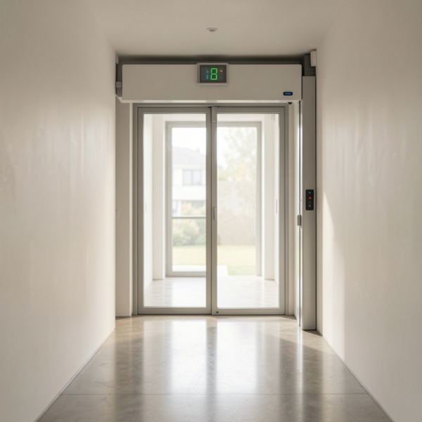 Automatic swing door opener operating in narrow corridor with limited space.