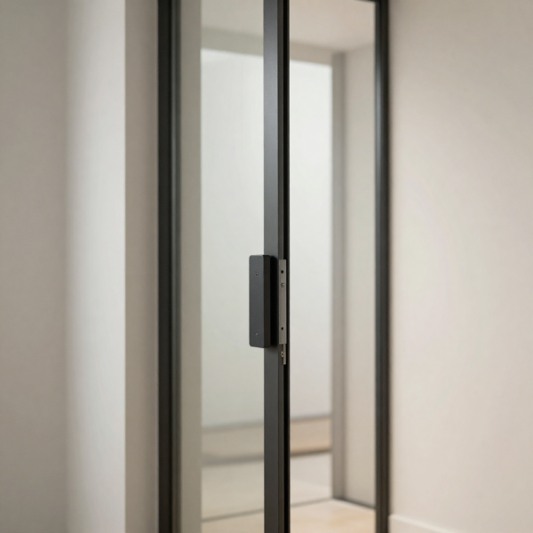 Space-saving automatic swing door solution for tight hallway environments.