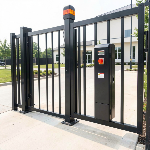 Safety sensors for gates protecting high-speed automated gate at industrial facility entrance.