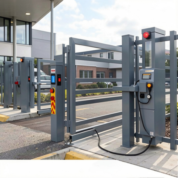 Gate safety sensors protecting a high-speed automated sliding gate at industrial facility entrance.