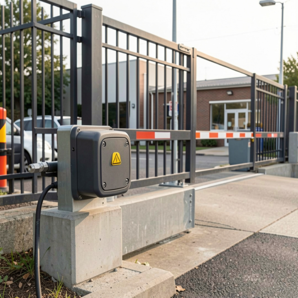 Modern automated security gate equipped with safety sensors for gates in logistics center.