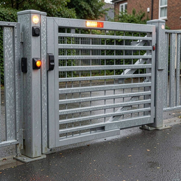 Safety sensors for gates installed in automatic gate system outdoors.