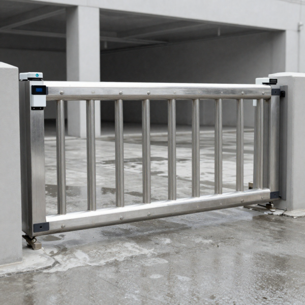 Safety sensors for gates tested under heavy rain conditions outdoors.
