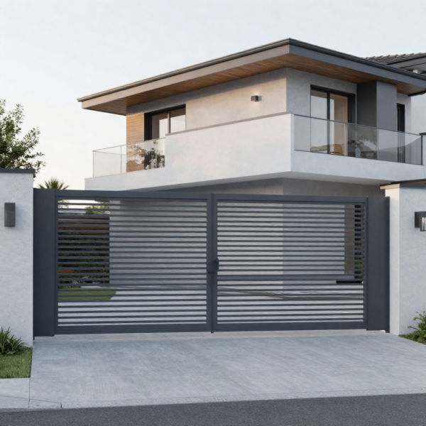 Automatic sliding gate system designed for steep driveway entrance.