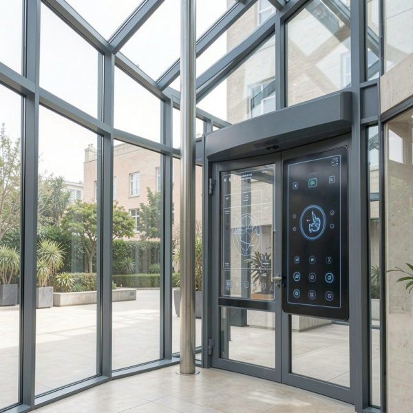 Digital dashboard monitoring smart window control system in commercial building.