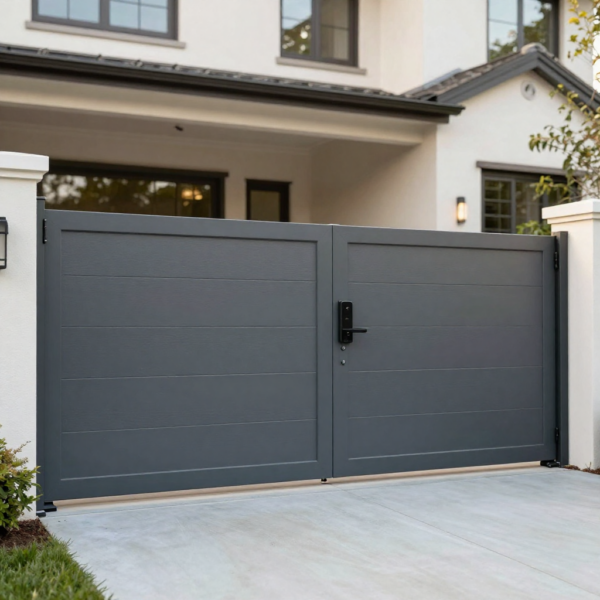 Automatic swing gate with motorized actuator arm and control system.